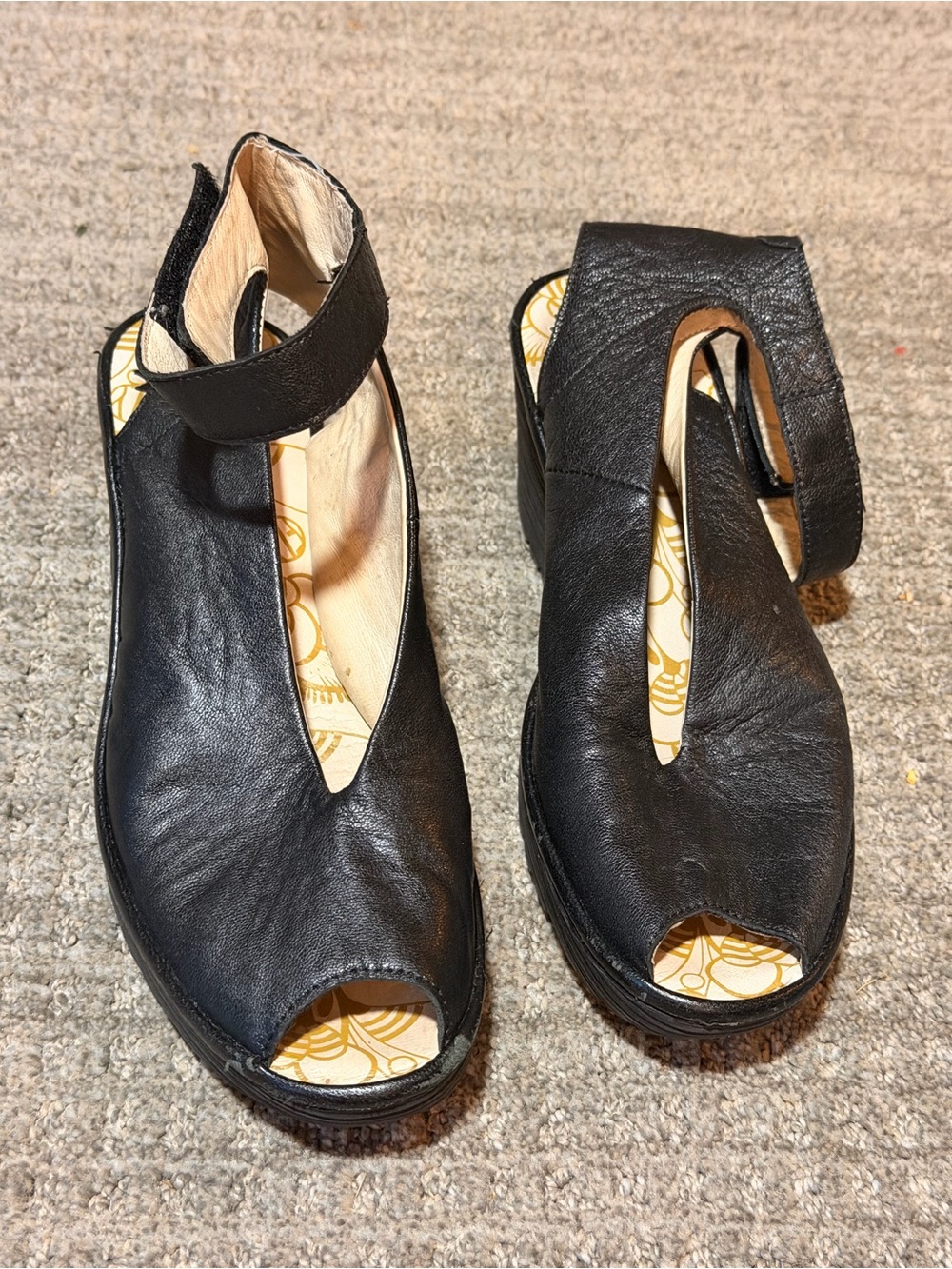 Fly London Black Peep-Toe Leather Mules with Ankle Strap